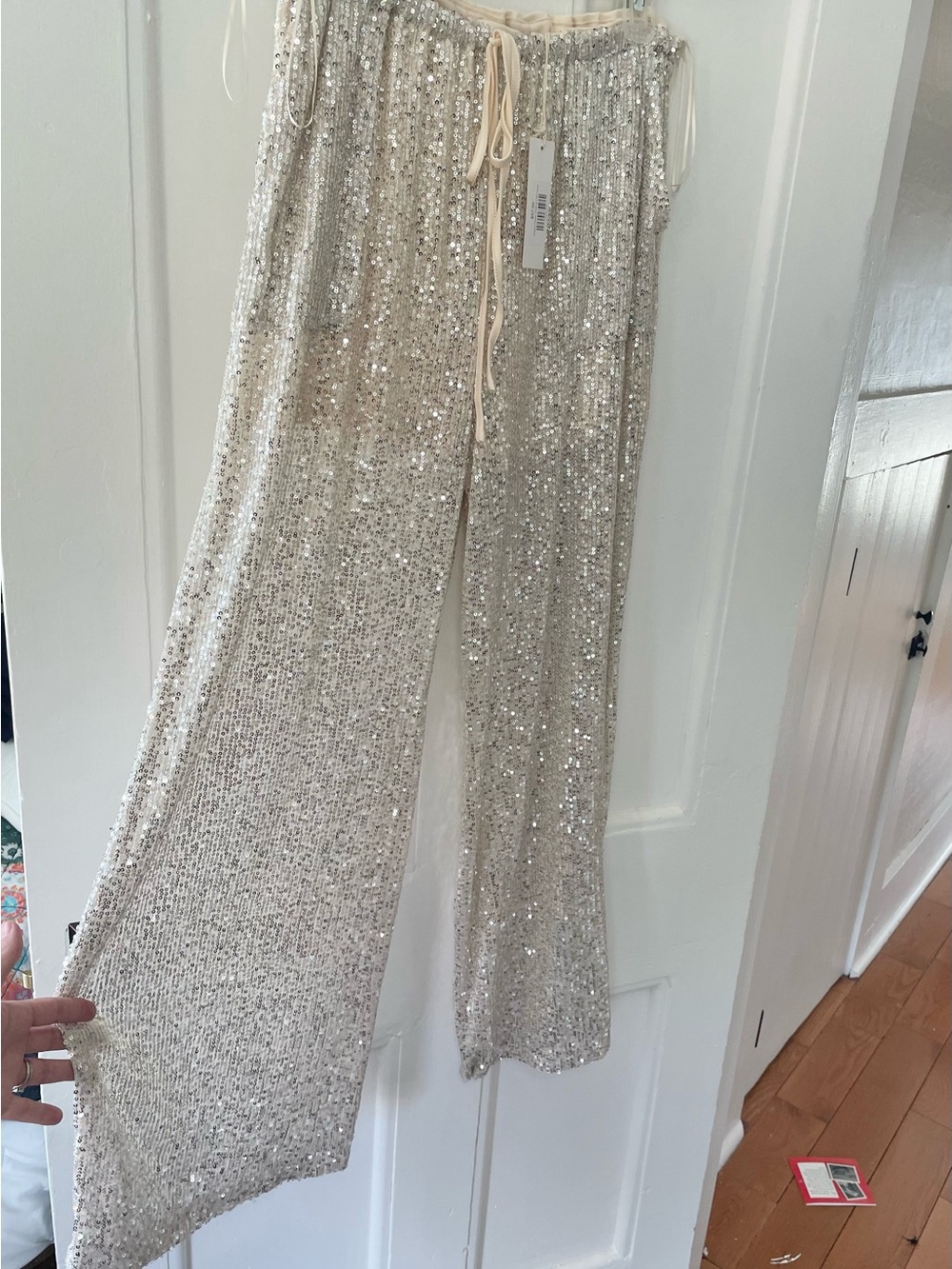NWT Womens M Beige w/ Silver Sequin Lounge pants stretch waist band sheer bling